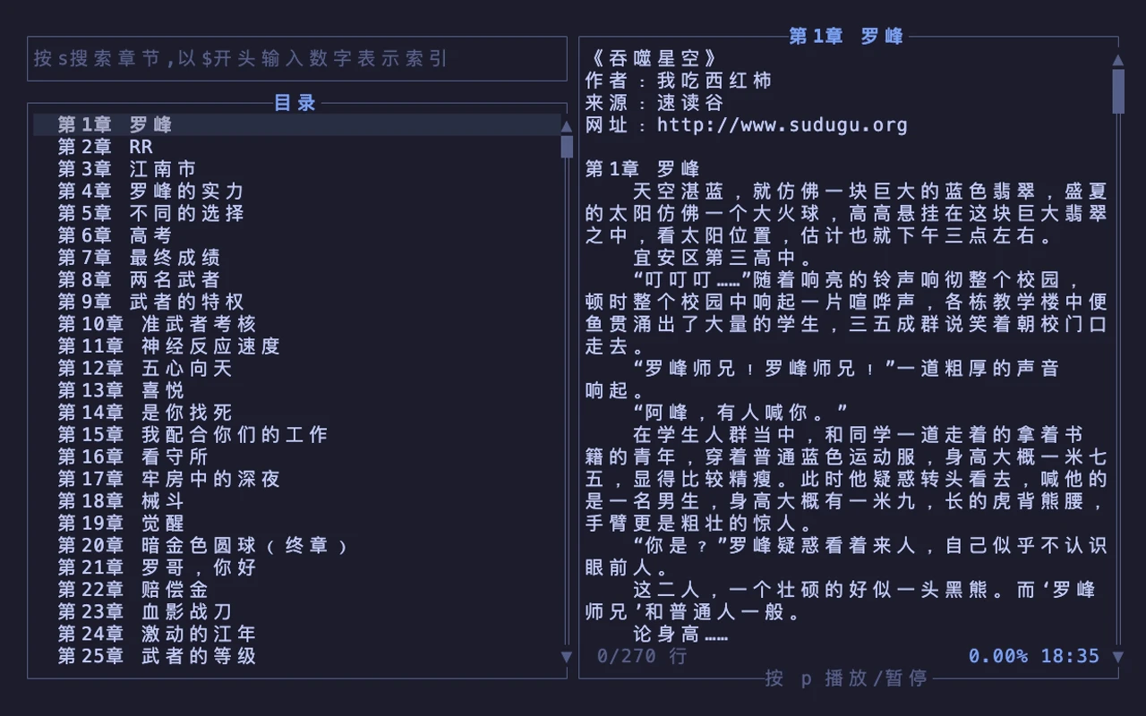 TRNovel 沉浸式阅读的真实终端界面