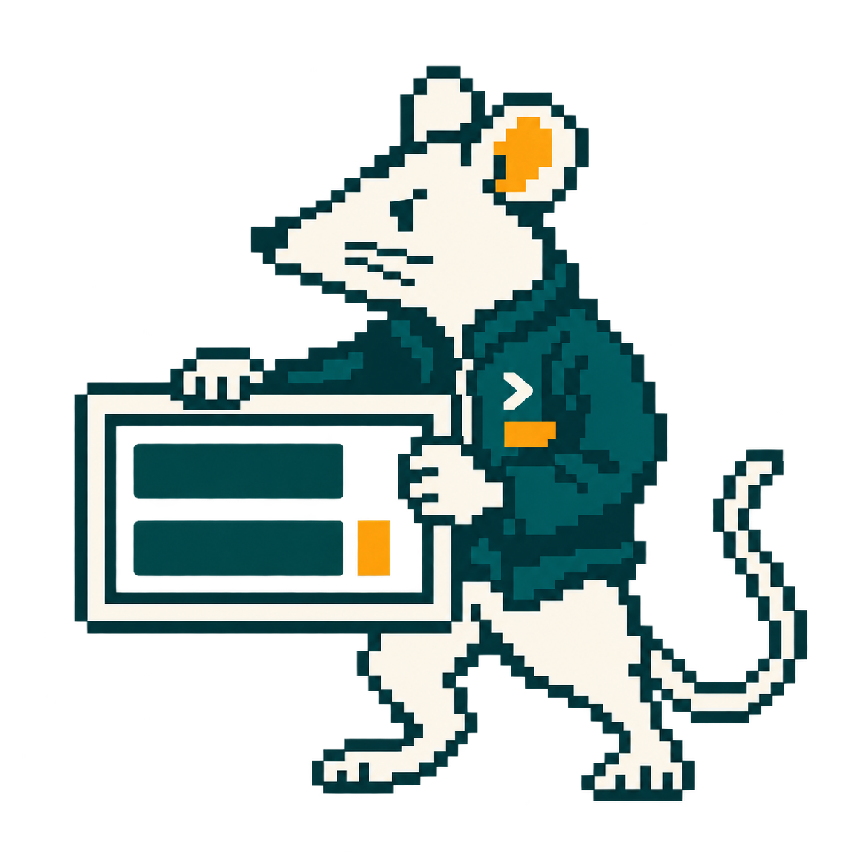 A pixel-art rat assembler in teal workwear arranging components inside a terminal frame